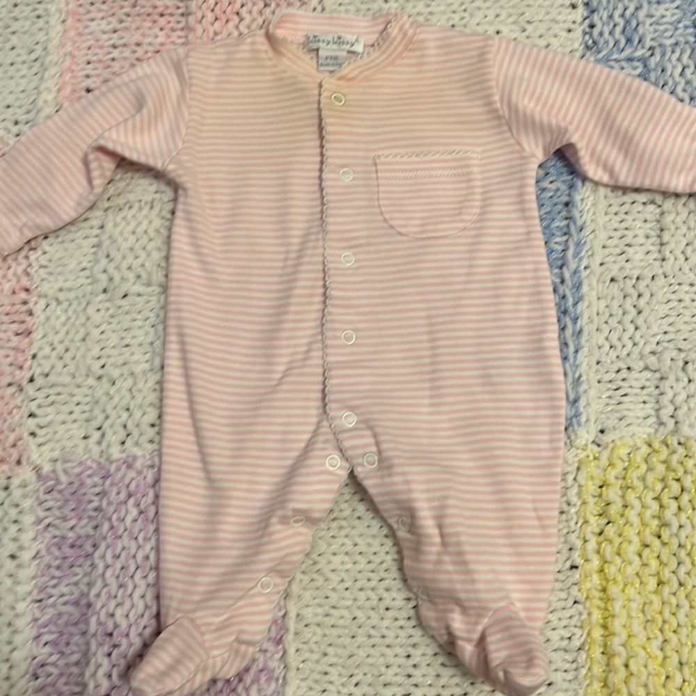 Kissy kissy PRE, striped pink & white snap footie- like new